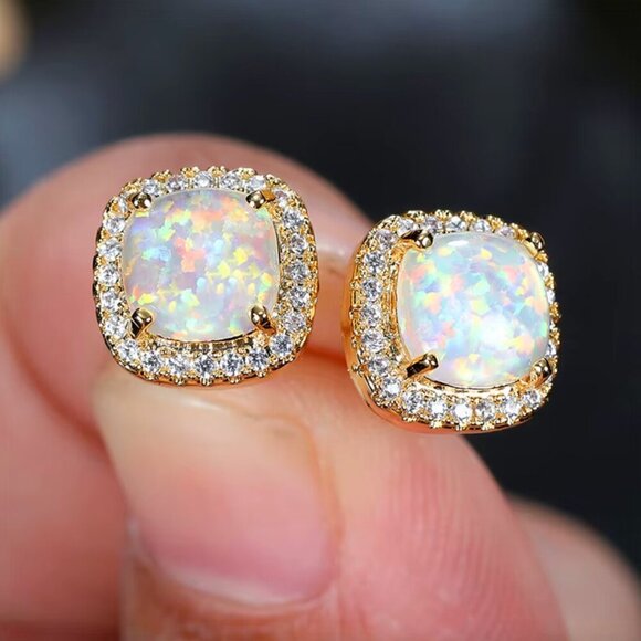 NEW 18k Gold White Opal Diamond Earrings Cushion Cut Stud Earrings - Picture 1 of 7